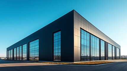 Fototapeta premium Modern black industrial building under clear blue sky, wide-angle shot from front corner, sharp lines and reflective windows, empty asphalt road in foreground 