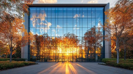 Fototapeta premium Modern building exterior with clean glass and metal lines, early morning light filtering through leafy trees, captured from ground level with soft golden highlights 
