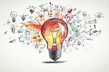 Artistic drawing of a light bulb with colorful doodles and icons representing innovation, creativity, digital marketing strategy, business plan development, and social media trends.