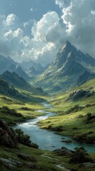 Fototapeta premium Majestic mountain landscape featuring a serene river flowing through green valley under a dramatic sky