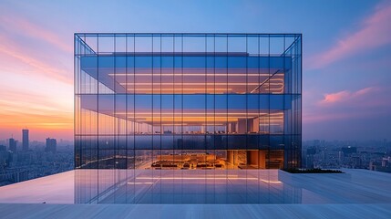 Obraz premium Modern glass office building at sunset with transparent facade, wide-angle view capturing warm interior lighting and urban skyline reflections 