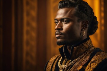 Obraz premium Man with Rich ebony skin contrasts beautifully with the warm, golden tones of the background