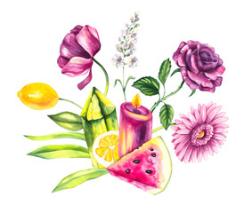 Bohemian magical illustration with flowers, candles and crystals. Occult witchcraft concept. White magic, esoteric. Flowers and fruits composition in watercolor
