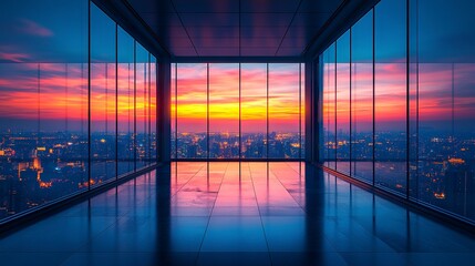 Modern office building interior with silhouettes on skybridge, evening city lights outside towering glass wall, vertical perspective and architectural contrast  