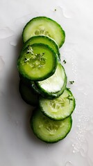 Fresh cucumber sliced ​​into crispy green slices, placed on a clean white surface, healthy eating concept.