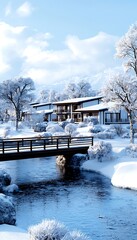 Snowy winter landscape with houses and bridge over a stream