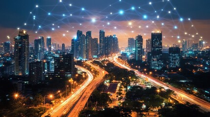 A futuristic digital city where AI automates business networking and partnerships 