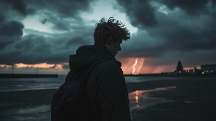 Fototapeta premium A solitary figure stares into stormy skies as lightning strikes. Reflection on the water adds depth to a dramatic twilight scene.
