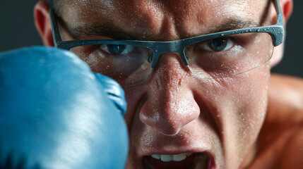 Focus and Fury: A determined boxer, clad in glasses and a blue glove, glares intensely with a visage that conveys both unwavering resolve and pent-up emotion, ready to engage