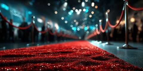 Luxury event setup features a plush red carpet leading to a glamorous venue with an elegant atmosphere