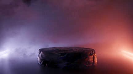 3D Rendering. Dark stone pedestal surrounded by ethereal smoke and dramatic purple and orange lighting for product display.