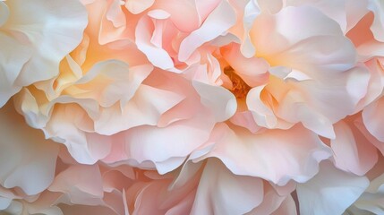 Close-up of a beautiful flower. the petals of the flower are a soft peach color, with hints of white and light pink. the center of the petals are a darker shade of peach, with a hint of yellow.
