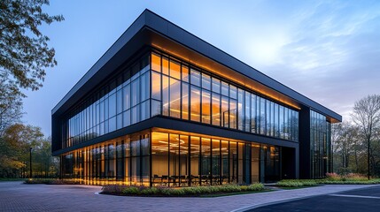 Fototapeta premium New office architecture with modern black cladding and expansive glass, captured at twilight with soft exterior lighting and empty pavement foreground 