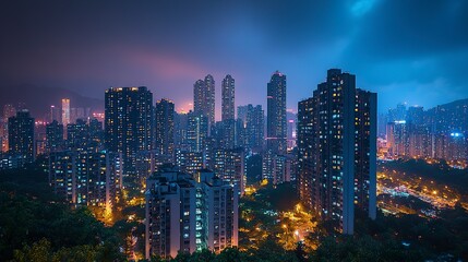 Obraz premium Nighttime city panorama with towering buildings and glowing windows, aerial angle showcasing architectural density and colorful lighting in the urban core 