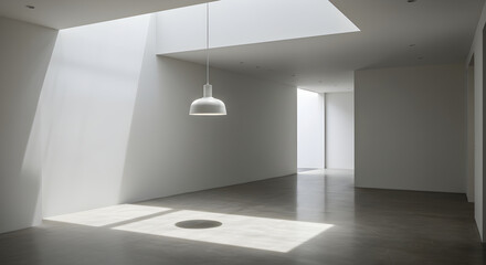 Minimalist Interior With Natural Light And A Hanging White Lamp
