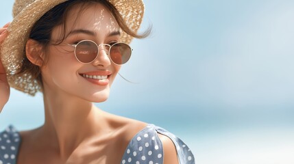 Woman in a summer one-piece dress. Female model on a summer day. Sunglasses and straw hat. Photo taken on the beach. AI generated.