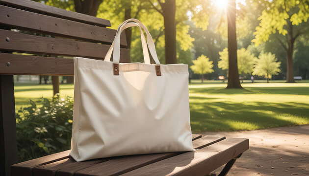 White Canvas Tote Bag on a Wooden Bench in a Sunlit Park - Powered by Adobe