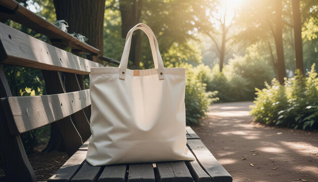 White Canvas Tote Bag on a Wooden Bench in a Sunlit Park - Powered by Adobe