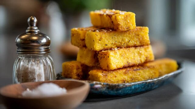 A delicious stack of golden crispy polenta served with a side of salt and garnished, perfect for food enthusiasts seeking gourmet experiences and culinary delights.