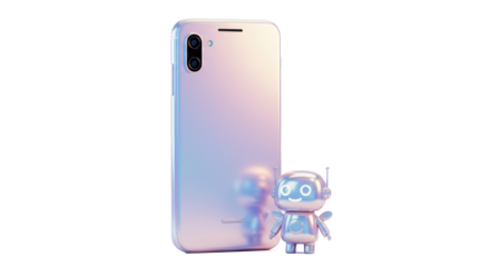 Isolated Holographic Phone with Toy Robot Companion