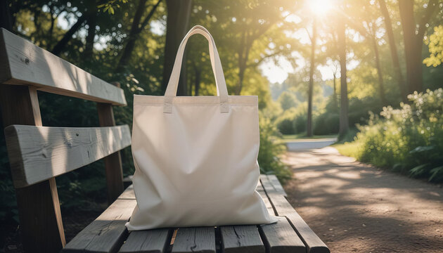 White Canvas Tote Bag on a Wooden Bench in a Sunlit Park - Powered by Adobe