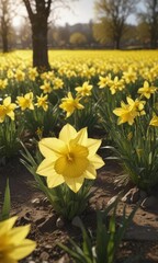 Fototapeta premium Glistening daffodil petals, sunny yellow field, full bloom , beautiful, vibrant, plants