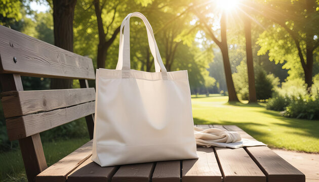 White Canvas Tote Bag on a Wooden Bench in a Sunlit Park - Powered by Adobe
