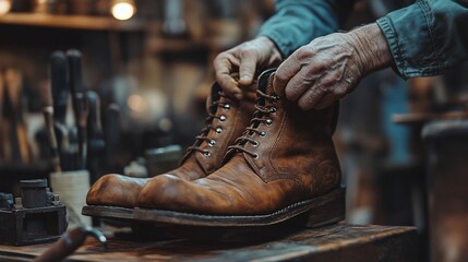 Expert hands meticulously lacing vintage leather boots