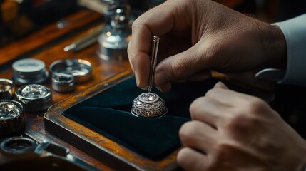 Expert hands meticulously crafting a diamond-encrusted timepiece