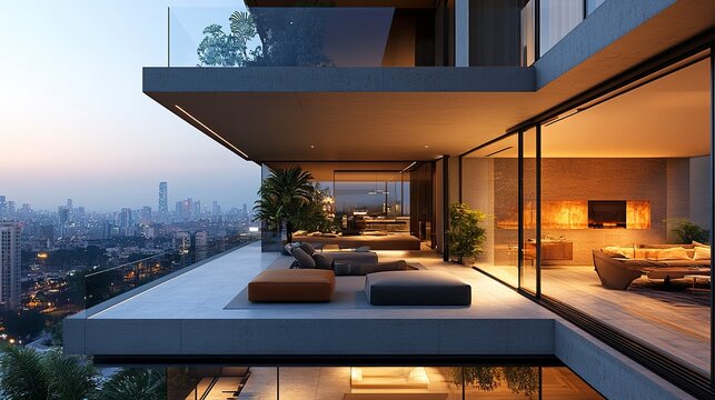 Sophisticated modern condo with terrace and skyline view, soft ambient lighting inside sleek interior, warm tones and clean architectural lines  