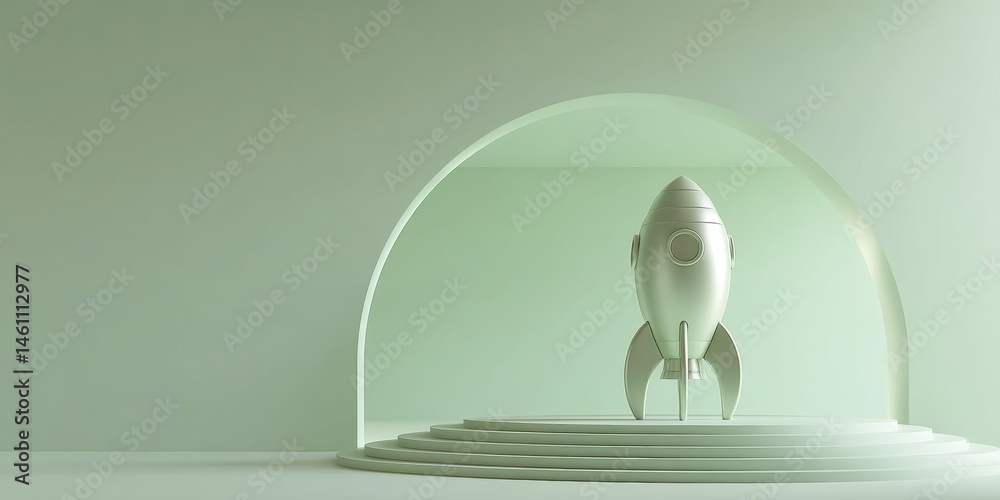 Aufkleber Retrofuturistic Minimalist Rocket Launch Soft Sage Product Visualization for Tech Innovation, Startup Branding and Creative Entrepreneurial Storytelling