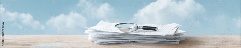Fototapete Minimalist Insurance Audit Landscape High-Resolution Precision Documentation with Magnifying Glass, Symbolizing Digital Transparency and Professional Risk Management