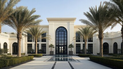 Obraz premium Luxurious, classic estate with a courtyard. A grand, light-cream colored home, featuring elegant architecture, symmetrical design, large windows, and a central courtyard with a reflecting pool. Lush 