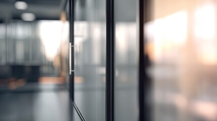 Dynamic office scene with blurred interior and doorway modern workspace professional environment
