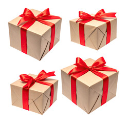 Eco-Friendly Paper Wrapped Gift Boxes Adorned with Vibrant Red Ribbons, bundle collection, Isolated on Transparent Background
