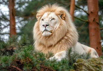 Obraz premium Majestic White Lion Resting Amidst Lush Green Foliage in a Forest Setting