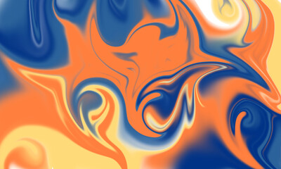 A vibrant abstract liquid background with smooth marble swirls in orange, blue, and yellow. Perfect for posters, packaging, branding, web design, and creative projects.