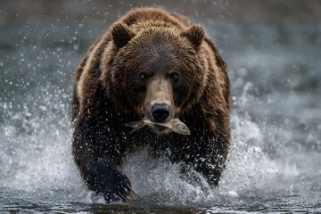 Obraz premium Grizzly Bear Catching Salmon in a River Powerful Wildlife Scene