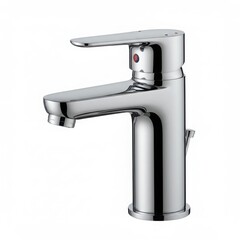 Chrome bathroom faucet with red and blue indicator isolated on white background