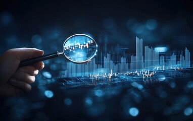 Hand holding magnifying glass focusing on financial data visualizations. Data points, charts, and graphs are magnified by the lens over a digital interface