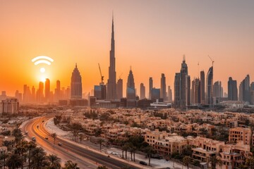 Obraz premium Sunset skyline of Dubai with modern skyscrapers and wireless symbol.