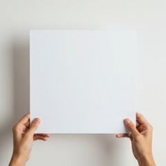 Hands holding a blank white square board isolated on white background