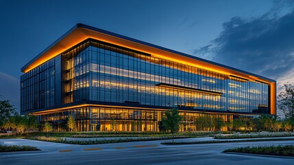Obraz premium Vertical shot of corporate towers with illuminated windows, moody blue hour lighting, immersive perspective 