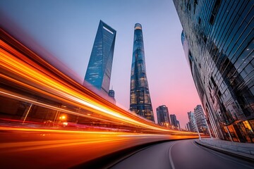 Fototapeta premium Dynamic cityscape with skyscrapers and light trails at dusk.