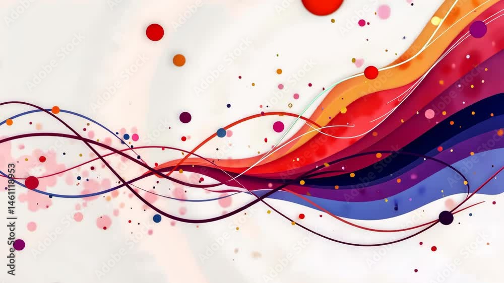 Poster a colorful wave with many dots and circles. the wave is white and has a rainbow color. the dots and 