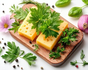Two Pieces of Swiss Cheese with Fresh Herbs on Wooden Board