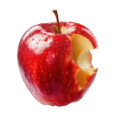 Freshly Bitten Red Apple with Raindrops on a white background.