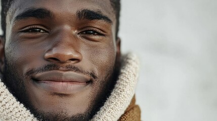 Obraz premium Close-up portrait of a young african-american man's face. he is looking directly at the camera with a slight smile on his lips. his eyes are slightly squinted and his eyebrows are slightly furrowed.