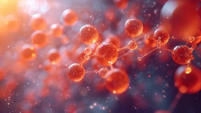 Orange molecule structure illustration. Abstract connected spheres for science presentation. Chemical compound visualization, technological innovation concept.