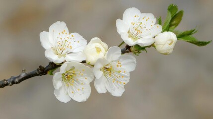 Branch of a tree with six white flowers. the flowers have five petals each with a yellow center and are arranged in a cluster.